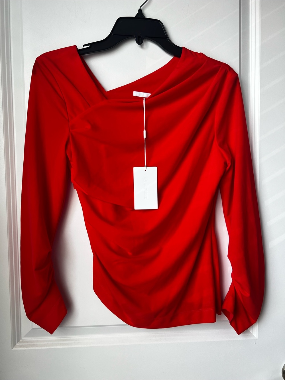 Helmut Lang Red Draped Asymmetric Long Sleeve Top